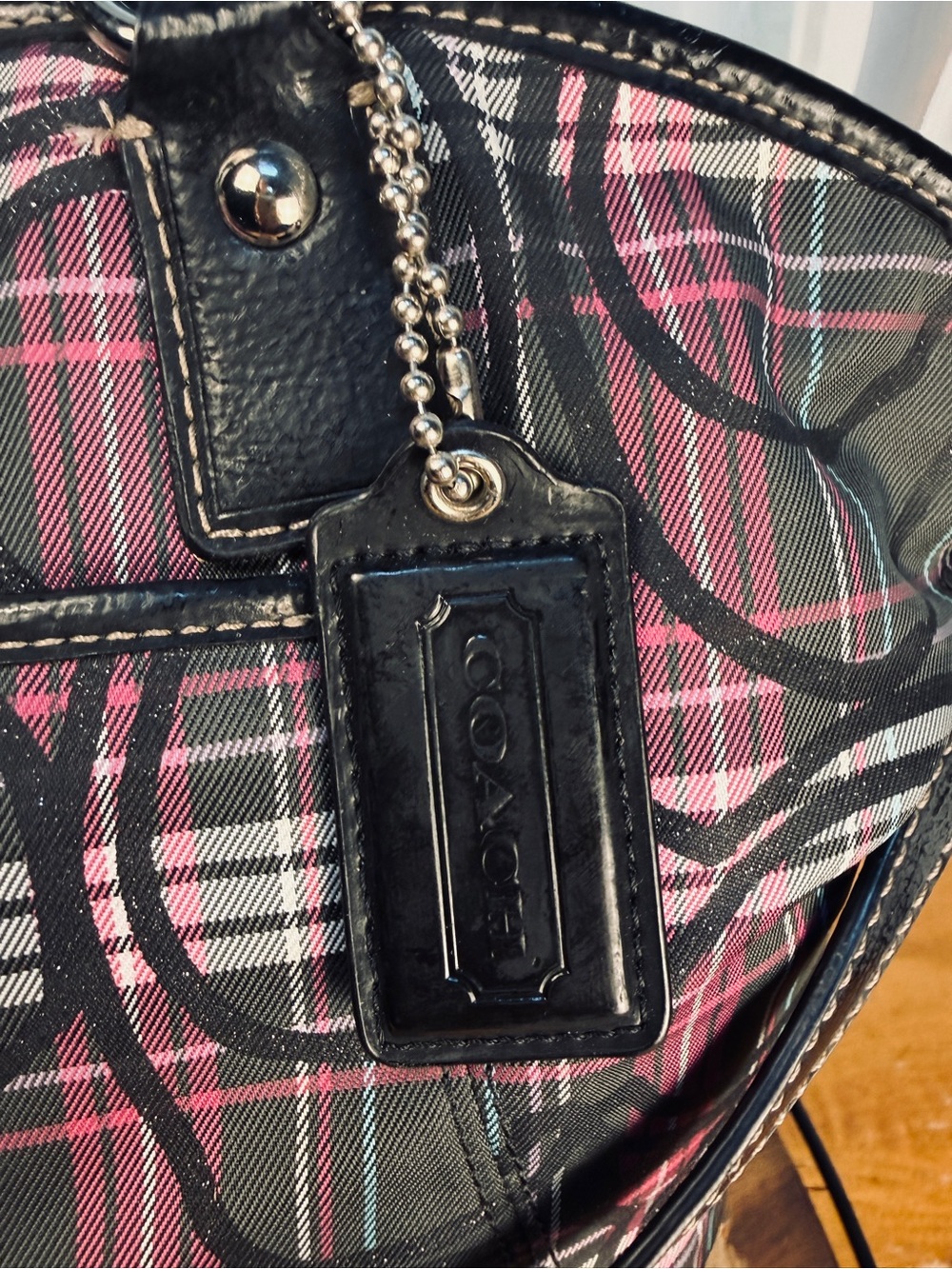 Coach Poppy Glitter Tartan Plaid Satchel Pink Black F18220 EUC - Picture 9 of 13